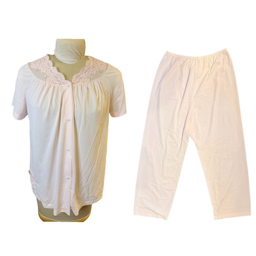 Shadowline Pale Pink Pajama Set Women M-L Silky Lightweight Vtg